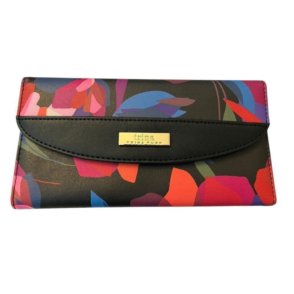 Trina Turk Black Blue Red Floral Long Rectangle ID Card Change Wallet NWT